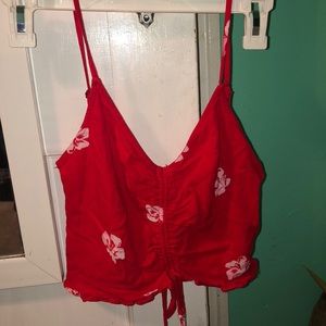 RED CROP TOP W WHITE FLOWRERS